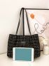Letter Patch Shoulder Tote Bag Plaid Pattern Double Handle For Work