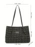 Letter Patch Shoulder Tote Bag Plaid Pattern Double Handle For Work
