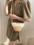 Colorblock Crochet Bag Faux Pearl Decor For Vacation