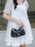 Faux Pearl Beaded Hobo Bag Small Bow Decor Black