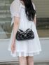 Faux Pearl Beaded Hobo Bag Small Bow Decor Black