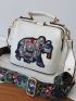 Embroidery Elephant Graphic  Handbag, Vintage Wide Strap Crossbody Bag, Mini Square Clip Purse For Women