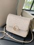 Mini Beige Straw Bag Faux Pearl Decor Flap For Vacation