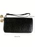 Crocodile Embossed Long Wallet Black With Zipper For Daily