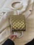 Mini Square Bag Quilted Faux Pearl & Bow Decor Metallic PU Funky