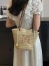 Embroidered Detail Straw Bag With Drawstring Detail Inner Pouch