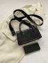 Crocodile Embossed Square Bag Double Handle Zipper Black PU