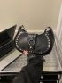 Studded Decor Hobo Bag With Zipper Black PU