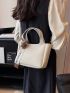Letter Tape Decor Bucket Bag Letter & Litchi Embossed Double Handle PU With Inner Pouch