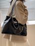 Black Shoulder Tote Bag Chain & Letter Patch Decor PU
