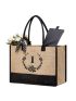 Women Jute Beach Tote Bag with Inner Zipper Pocket & Bottom Support Monogram Wreath Embroidery for Christmas Teacher Bridesmaid Friends Mom Personalized Gift (Letter I)
