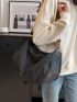 Patch Decor Hobo Bag Large Capacity Black Zipper