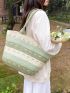 Colorblock Straw Bag Large Capacity For Vacation