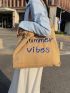 Letter Embroidery Shoulder Tote Bag Frill Detail Double Handle