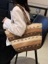 Oversized Straw Bag Vacation Color Block Zipper Paper