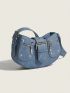 Fashion Washed Texture Designer Pu Shoulder Bag Denim Blue Saddle Bag