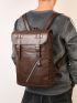 PU Flap Backpack Multi-pocket Zip Front Studded Decor Brown