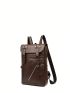 PU Flap Backpack Multi-pocket Zip Front Studded Decor Brown