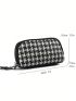 Houndstooth Pattern Long Wallet Zipper Genuine Leather With Wristlet