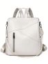PU Classic Backpack Litchi Embossed Zip Front Medium Fashionable White