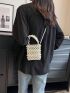 Mini Satchel Bag Faux Pearl Beaded Beige, Clear Bag
