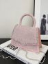 Studded & Rhinestone Decor Square Bag Top Handle Beige