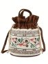 Mini Women's Printed Drawstring Crossbody Bag, Vintage Bucket Bag