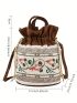 Mini Women's Printed Drawstring Crossbody Bag, Vintage Bucket Bag