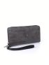 Gray Long Wallet Button Decor With Zipper For Daily