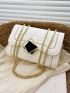 PU Square Bag Lozenge Pattern Metal Decor Flap Chain White