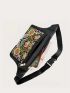Fashion Embroidered Fanny Pack, Women's Trendy Zipper Front Canvas Waist Bag