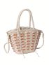 Medium Straw Bag Color Block Drawstring Design