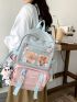 Colorblock Classic Backpack, Clear Pocket Front School Bag, Cute Cartoon Nylon Backpack