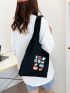 Medium Shopper Bag Cartoon Cat Print Double Handle Canvas