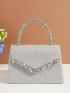 Silver Square Bag Rhinestone Decor Flap Top Handle For Party, Perfect Bride Purse For Wedding, Prom & Party Events