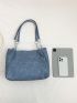Letter Patch Shoulder Tote Bag Blue Fashionable Double Handle