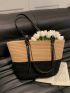Two Tone Straw Bag Vacation Studded Decor