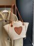 Medium Straw Bag Heart Patch With Drawstring Inner Pouch