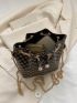 Mini Bucket Bag Geometric Pattern Drawstring Design Pearl Decor