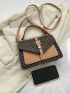 All Over Print Square Bag Colorblock Buckle Decor Flap For Work