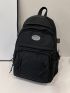 Letter Patch Casual Daypack Black Zipper Front Decor For School