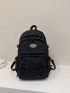 Letter Patch Casual Daypack Black Zipper Front Decor For School