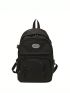 Letter Patch Casual Daypack Black Zipper Front Decor For School