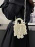 Mini Beaded Square Bag Faux Pearl Decor Double Handle