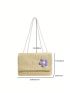 Medium Flap Straw Bag Flower Decor Vacation