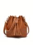 Mini Drawstring Design Bucket Bag Tassel Decor Brown