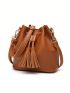 Mini Drawstring Design Bucket Bag Tassel Decor Brown