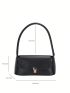 Black Flap Baguette Bag Elegant Push Lock PU