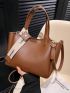 Letter Embossed Bucket Bag With Inner Pouch Fashionable Twilly Scarf Decor PU
