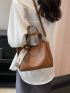 Letter Embossed Bucket Bag With Inner Pouch Fashionable Twilly Scarf Decor PU